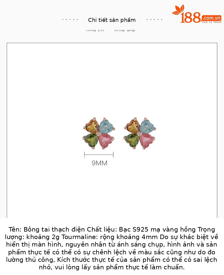 Bông tai bạc S925 mạ vàng hồng hình trái tim đính đá tourmaline — Một cặp (màu ngẫu nhiên của tourmaline) chi tiết 2