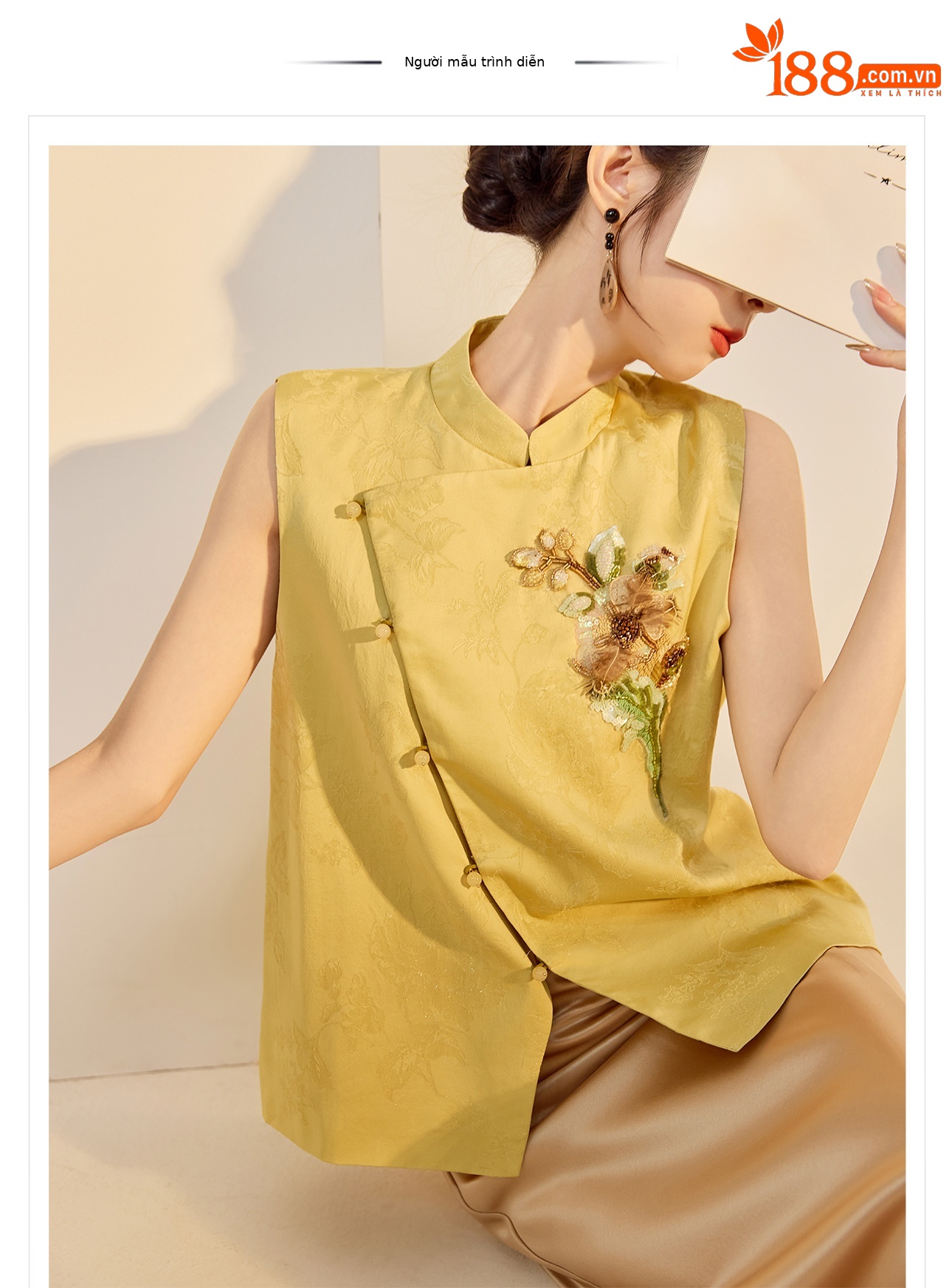 Áo vest cổ đứng thêu hoa văn kiểu Trung Quốc mới, bộ áo vest và chân váy đính hạt sang trọng phong cách dân tộc mới N6032 — gừng vàng chi tiết 1