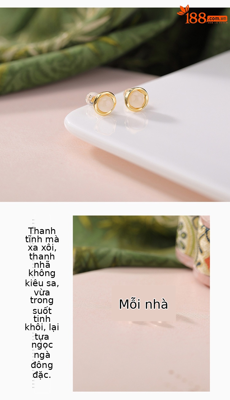 Bông tai đinh tròn Mobius bạc S925 mạ vàng đính đá jasper mã não đỏ — phong cách Nam Hồng chi tiết 3