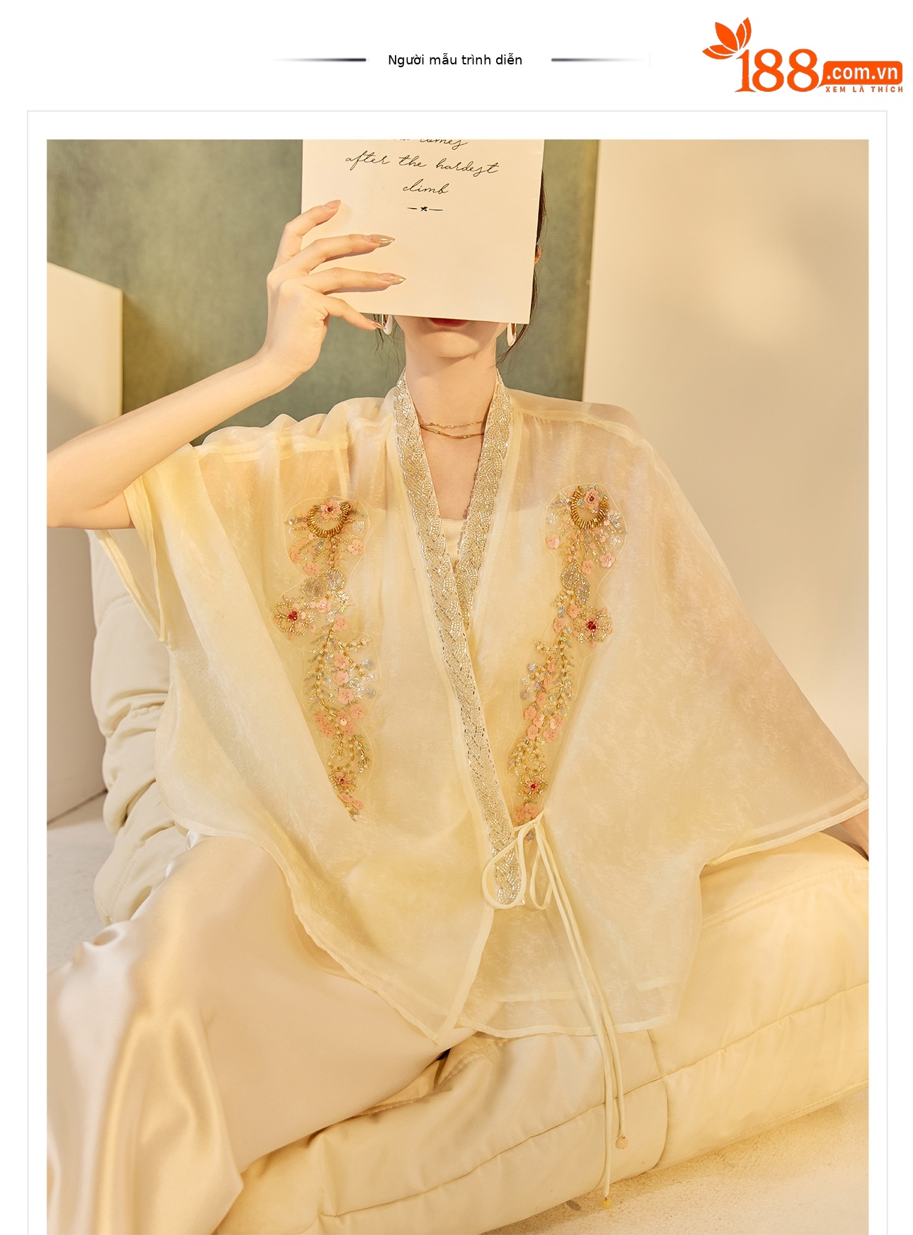 Áo cardigan nữ dáng rộng Tencel thêu hạt phong cách Trung Hoa — hồng, mơ chi tiết 1