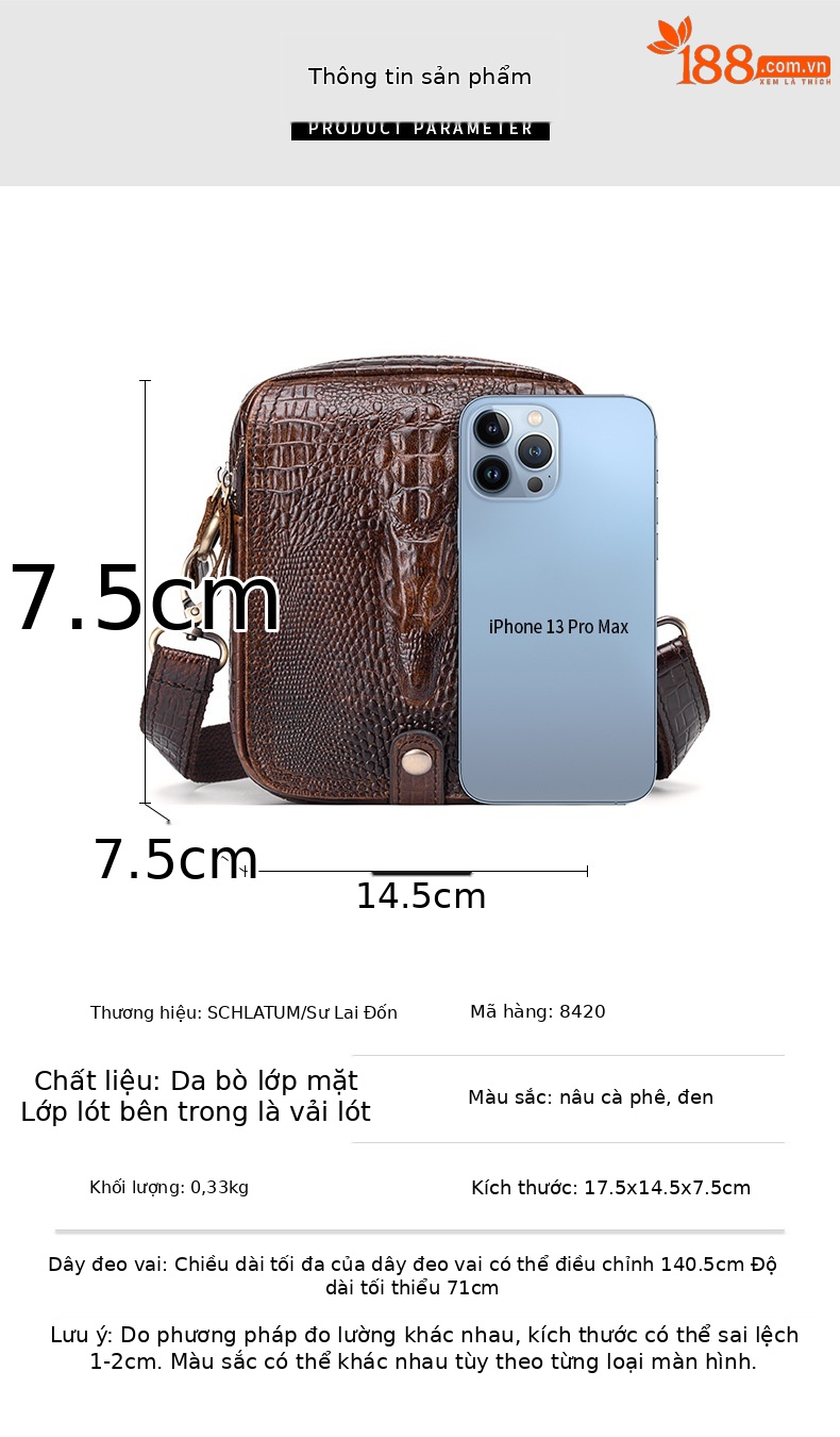 Túi đeo chéo nam da bò thật họa tiết cá sấu mini cao cấp — nâu, đen, Vận chuyển trong thùng carton, Chuyển phát nhanh túi chi tiết 9