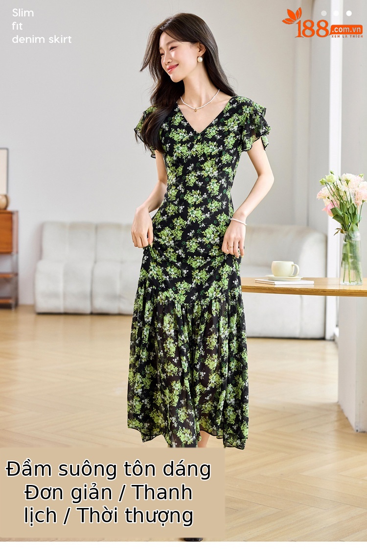 Đầm suông midi họa tiết hoa tay ngắn thanh lịch MM2632 — Màu sắc hình ảnh chi tiết 1