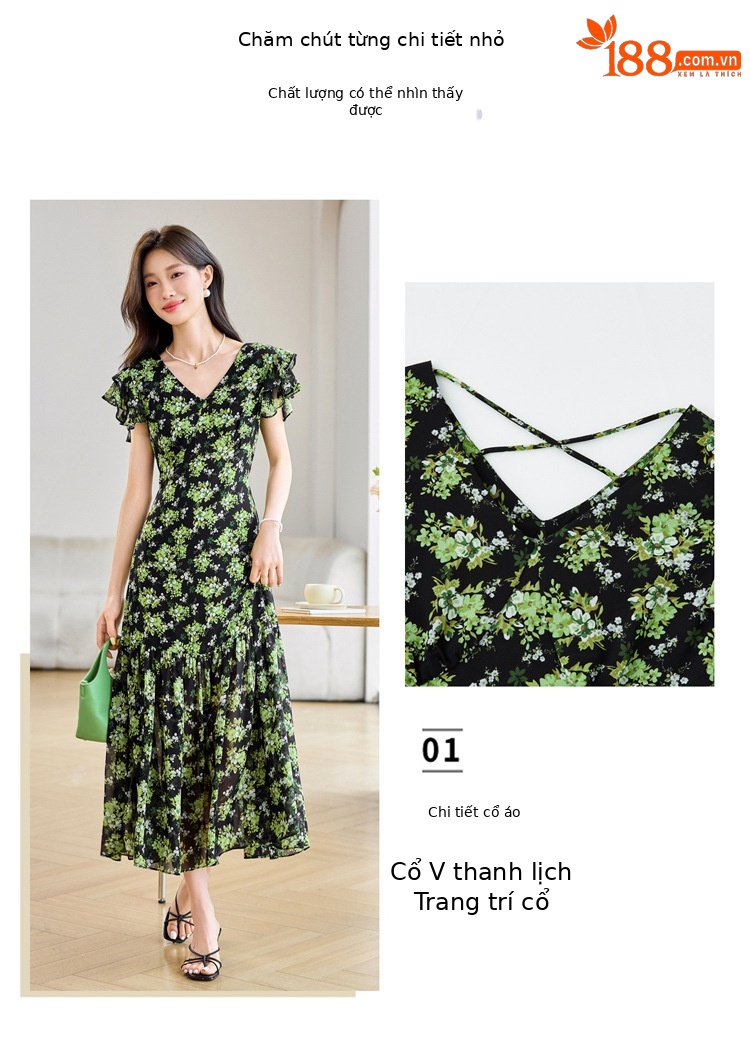 Đầm suông midi họa tiết hoa tay ngắn thanh lịch MM2632 — Màu sắc hình ảnh chi tiết 9