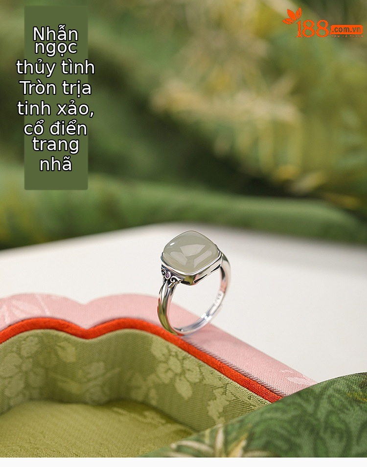 Nhẫn bạc S925 đính ngọc Hetian tự nhiên phong cách vintage mặt vuông đơn giản — một mảnh chi tiết 1