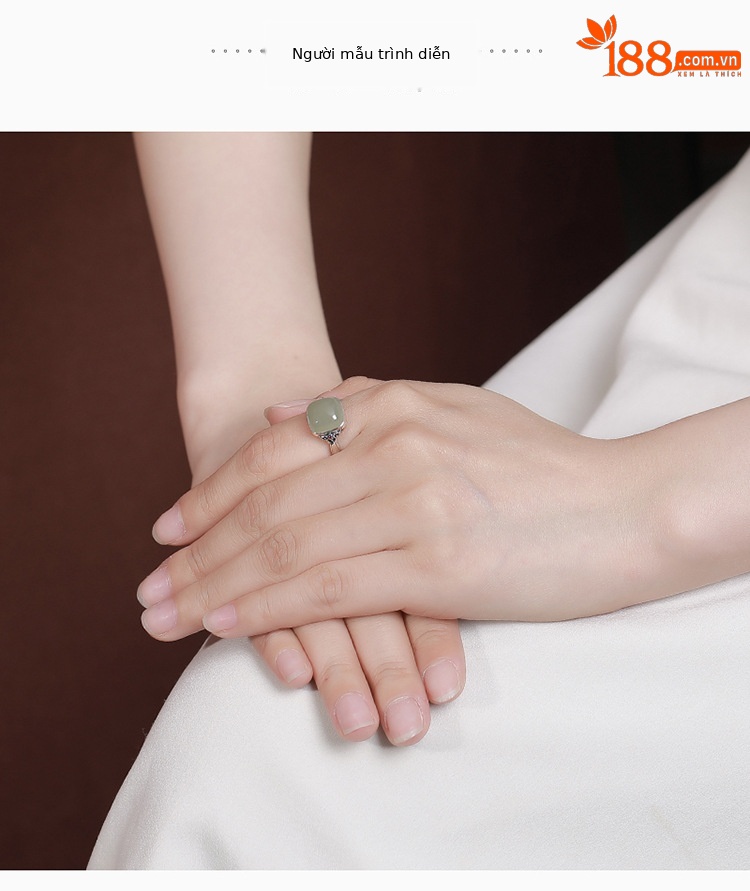 Nhẫn bạc S925 đính ngọc Hetian tự nhiên phong cách vintage mặt vuông đơn giản — một mảnh chi tiết 4