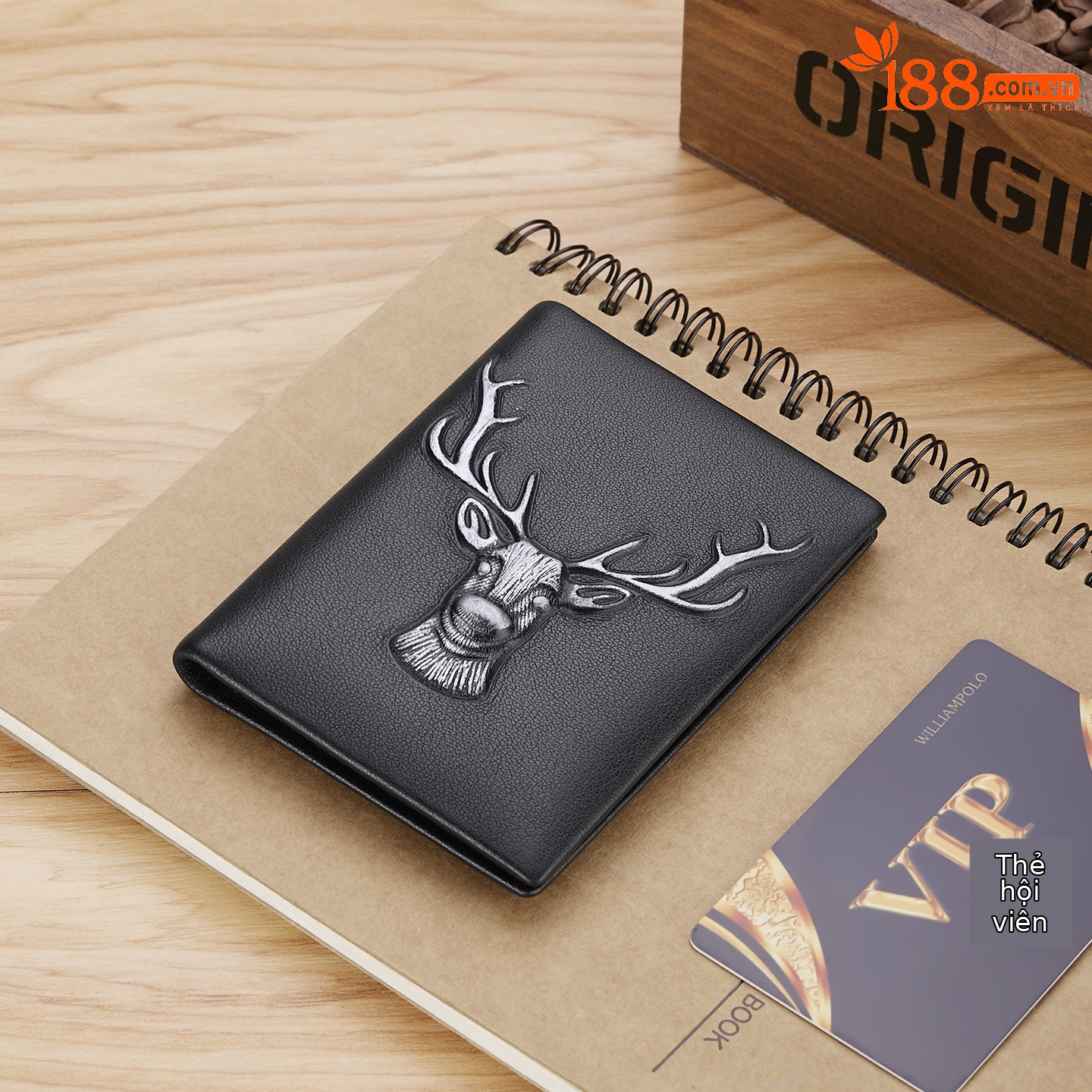Ví card holder nam da bò thật mỏng nhẹ nhiều khe thẻ phong cách đầu hươu