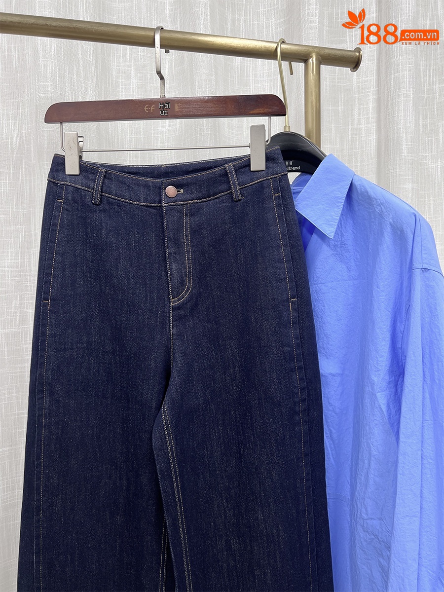 Quần jean ống rộng nữ eo cao denim đường chỉ tương phản — màu denim