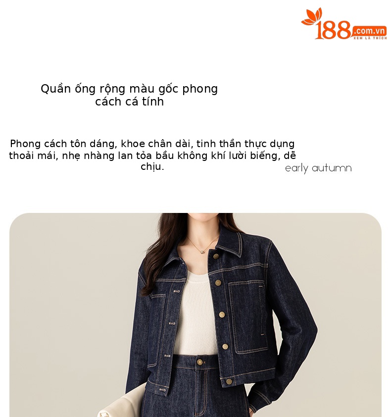Quần jean ống rộng nữ eo cao denim đường chỉ tương phản — màu denim chi tiết 3