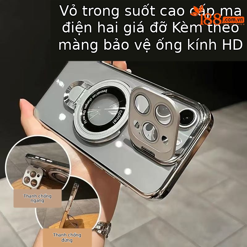 Ốp lưng iPhone trong suốt có giá đỡ kim loại từ tính, bảo vệ ống kính, chống sốc — đen, trắng, tím, cam chi tiết 2