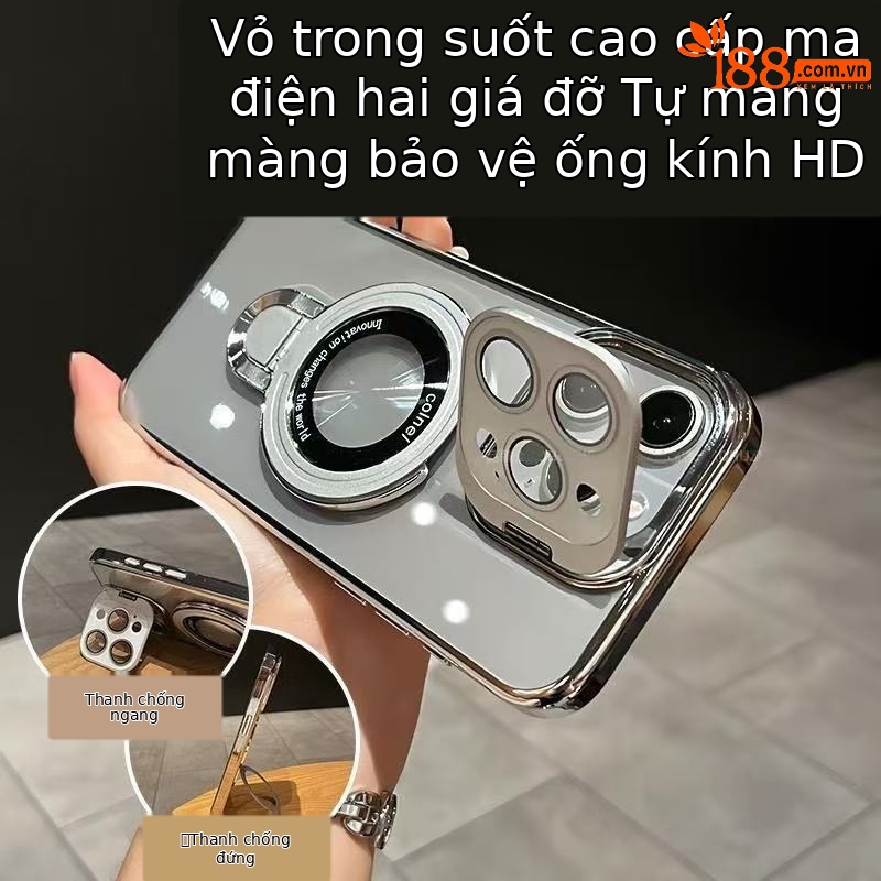 Ốp lưng iPhone trong suốt có giá đỡ kim loại từ tính, bảo vệ ống kính, chống sốc — đen, trắng, tím, cam chi tiết 4