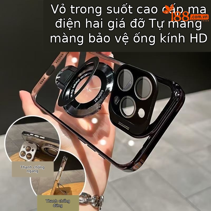 Ốp lưng iPhone trong suốt có giá đỡ kim loại từ tính, bảo vệ ống kính, chống sốc — đen, trắng, tím, cam chi tiết 5