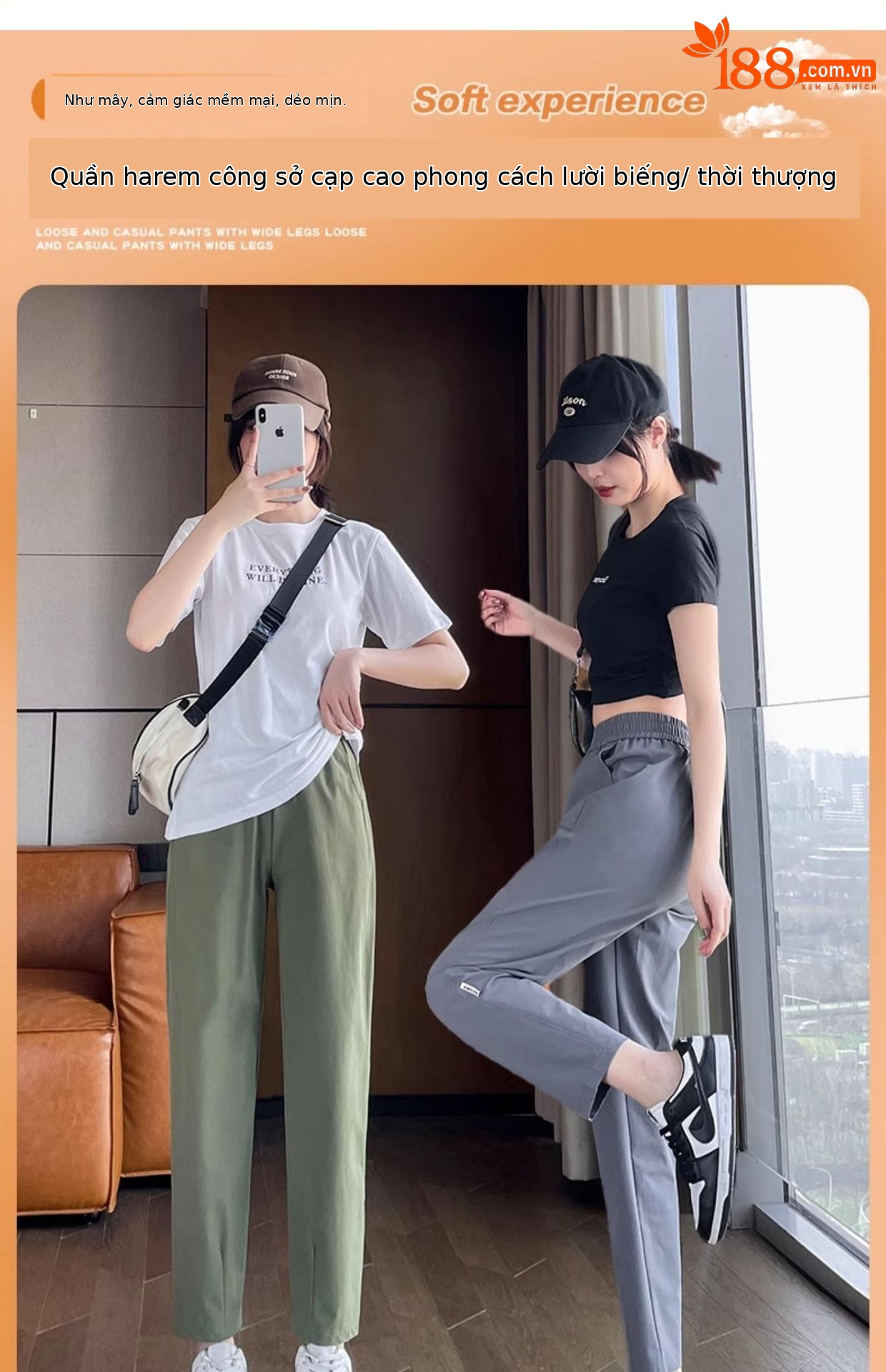 Quần dài nữ mùa hè vải lụa băng mỏng nhẹ, nhanh khô, chống nắng, kiểu harem ống rộng — Gạo xám chi tiết 1