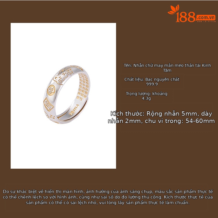 Nhẫn bạc nguyên chất S999.9 khắc chữ Tâm Kinh và hình mèo may mắn, họa tiết hoa sen mở — một mảnh chi tiết 3