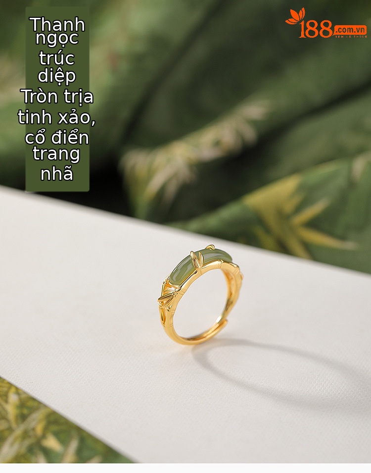 Nhẫn bạc S925 mạ vàng đính đá Sodalite hình lá tre rỗng — một mảnh chi tiết 2
