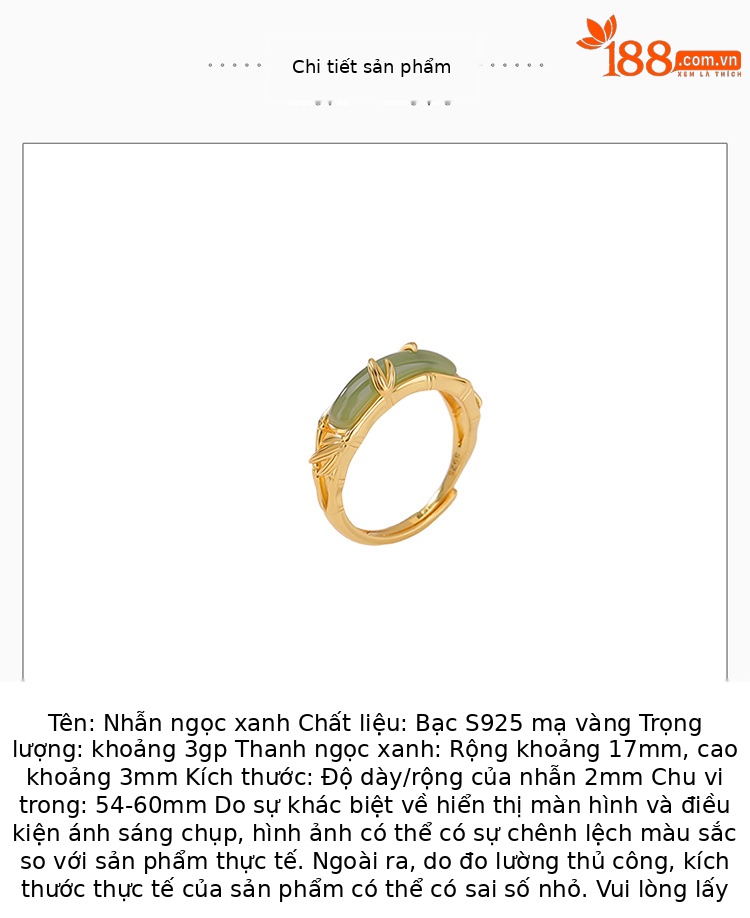 Nhẫn bạc S925 mạ vàng đính đá Sodalite hình lá tre rỗng — một mảnh chi tiết 3