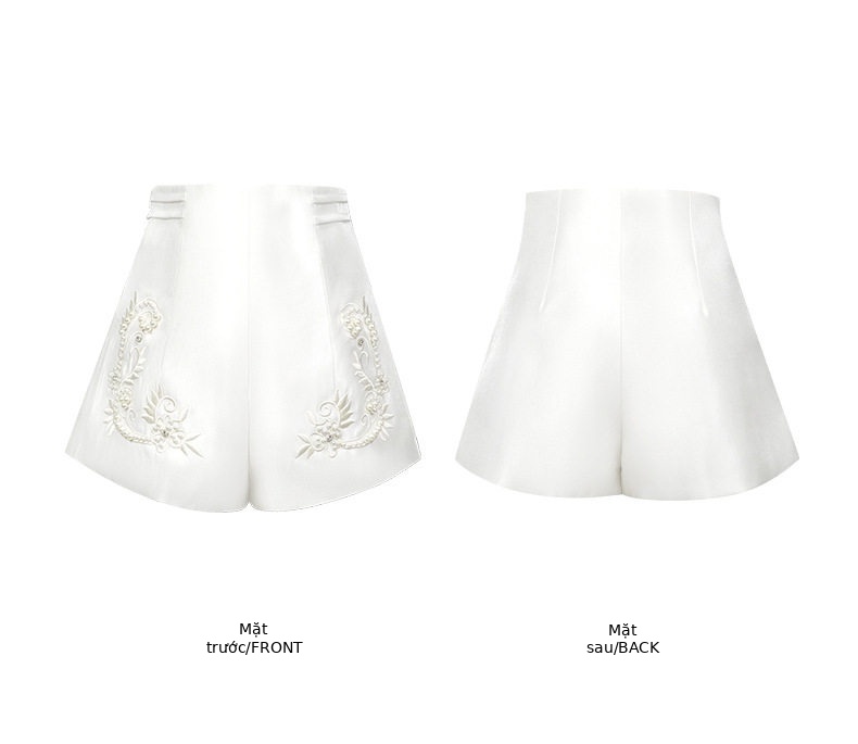 Quần short nữ cạp cao ống suông vải kaki có thêu hoa — [Trắng] chi tiết 4