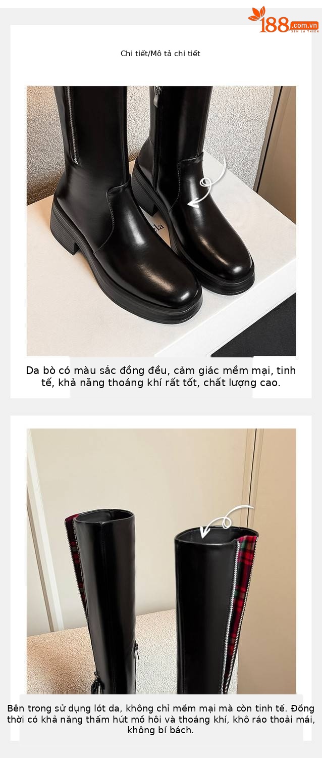 Boot nữ cổ cao họa tiết kẻ sọc Anh quốc, tăng chiều cao, thiết kế kéo khóa kép, thời trang thu đông, không qua gối — Lót nhung đen, Trong danh sách đen chi tiết 1