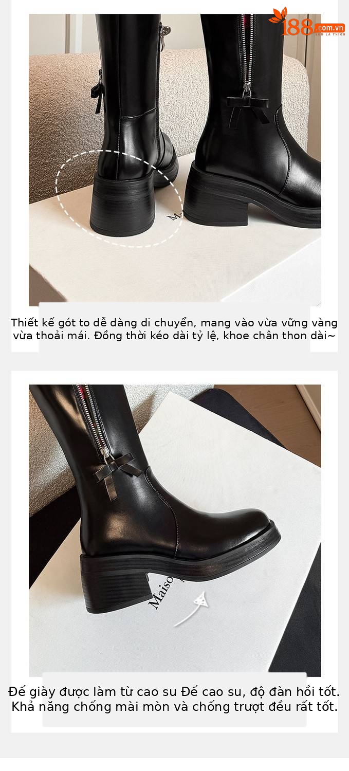 Boot nữ cổ cao họa tiết kẻ sọc Anh quốc, tăng chiều cao, thiết kế kéo khóa kép, thời trang thu đông, không qua gối — Lót nhung đen, Trong danh sách đen chi tiết 2