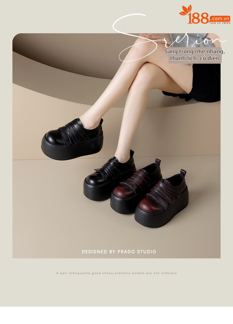 Giày loafer da thật đế xuồng cao 8cm, cổ miệng sâu, khóa Velcro tiện lợi — Màu đen, Màu đỏ chi tiết 1