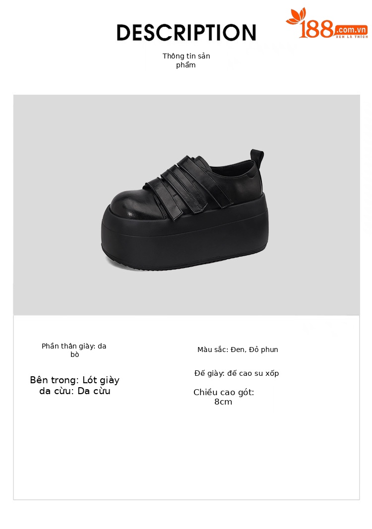 Giày loafer da thật đế xuồng cao 8cm, cổ miệng sâu, khóa Velcro tiện lợi — Màu đen, Màu đỏ chi tiết 2