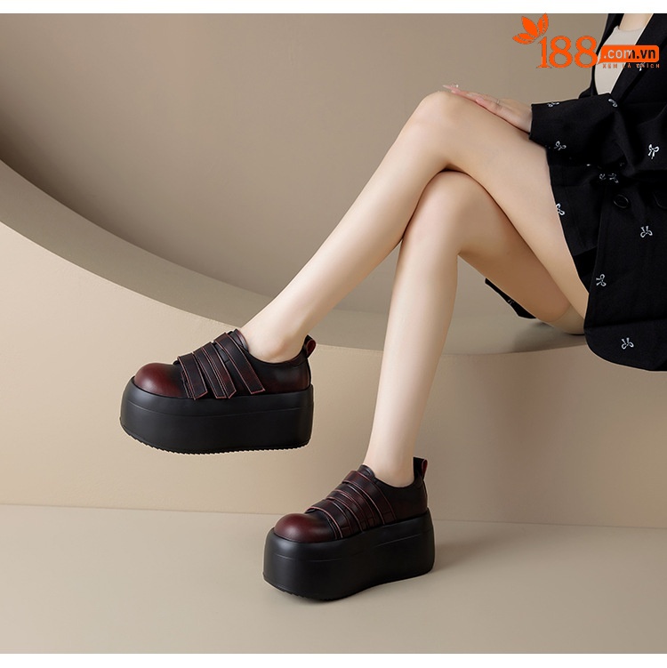 Giày loafer da thật đế xuồng cao 8cm, cổ miệng sâu, khóa Velcro tiện lợi — Màu đen, Màu đỏ chi tiết 11