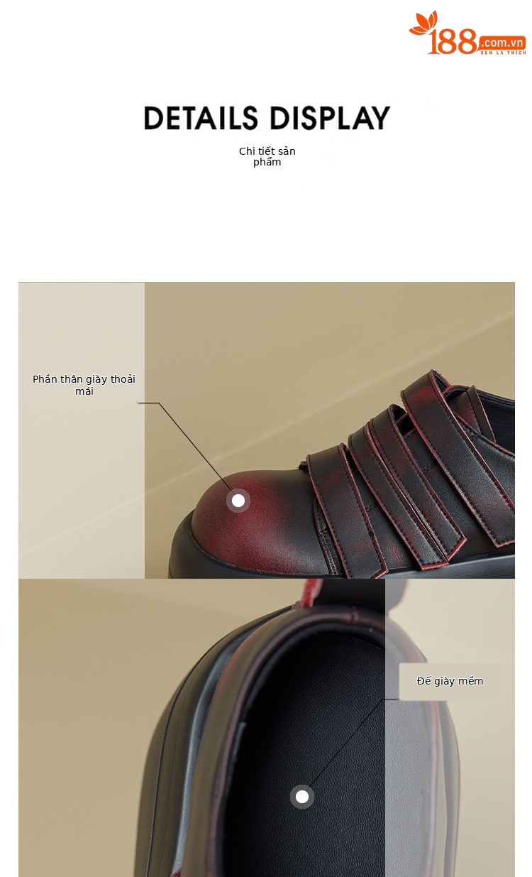 Giày loafer da thật đế xuồng cao 8cm, cổ miệng sâu, khóa Velcro tiện lợi — Màu đen, Màu đỏ chi tiết 17