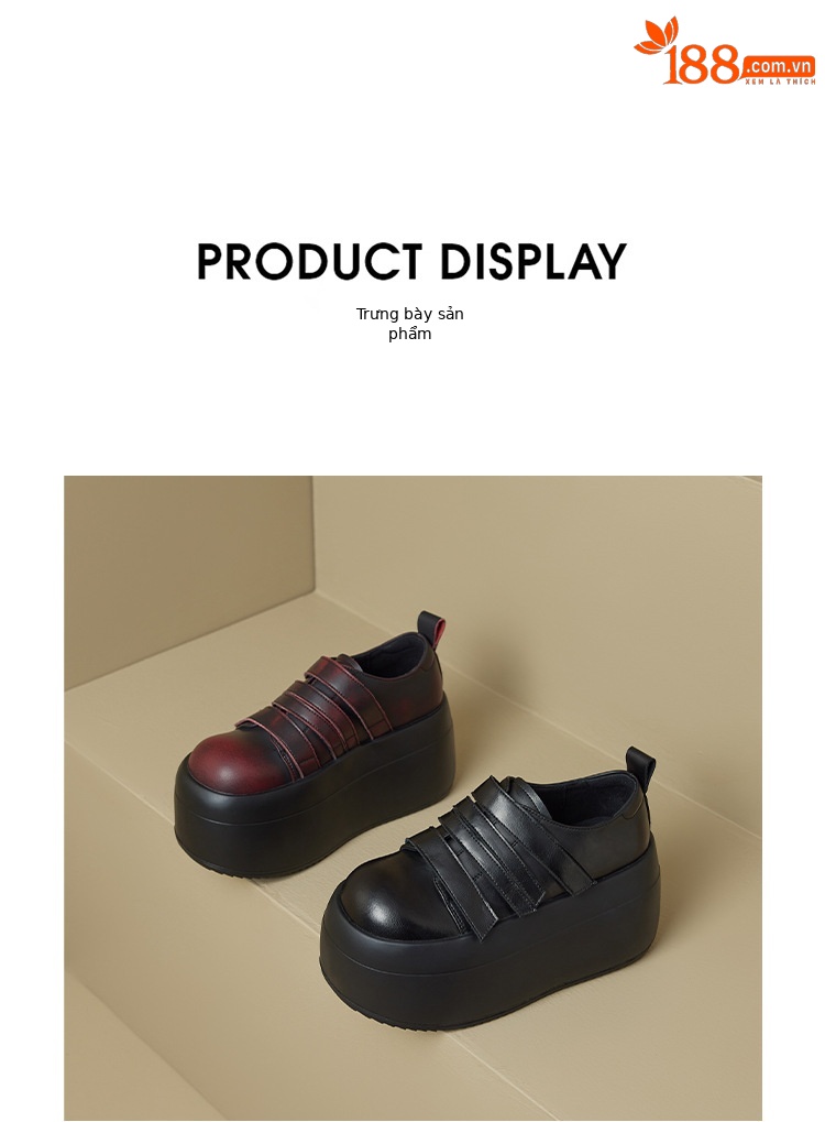 Giày loafer da thật đế xuồng cao 8cm, cổ miệng sâu, khóa Velcro tiện lợi — Màu đen, Màu đỏ chi tiết 20