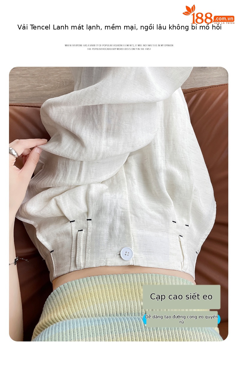 Quần ống rộng vải lụa băng đa năng nữ, phong cách sang trọng mỏng nhẹ mùa hè, quần ống đứng vải lanh Tencel — Màu xanh hải quân (kiểu thông thường) chi tiết 16
