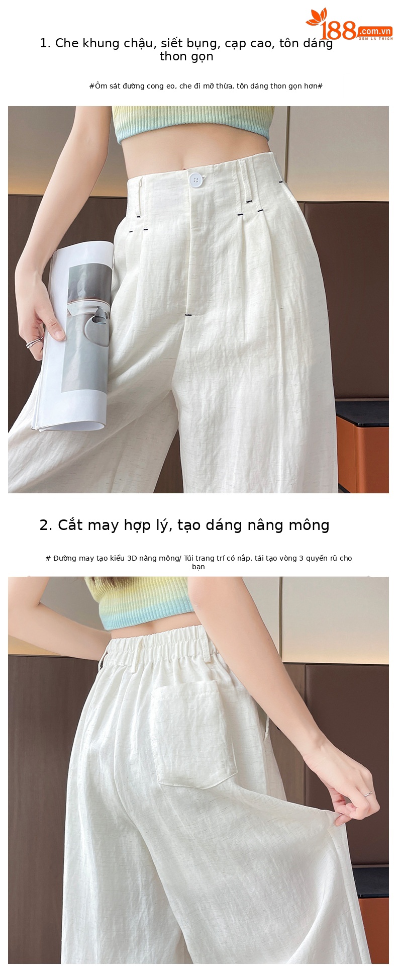 Quần ống rộng vải lụa băng đa năng nữ, phong cách sang trọng mỏng nhẹ mùa hè, quần ống đứng vải lanh Tencel — Màu xanh hải quân (kiểu thông thường) chi tiết 23
