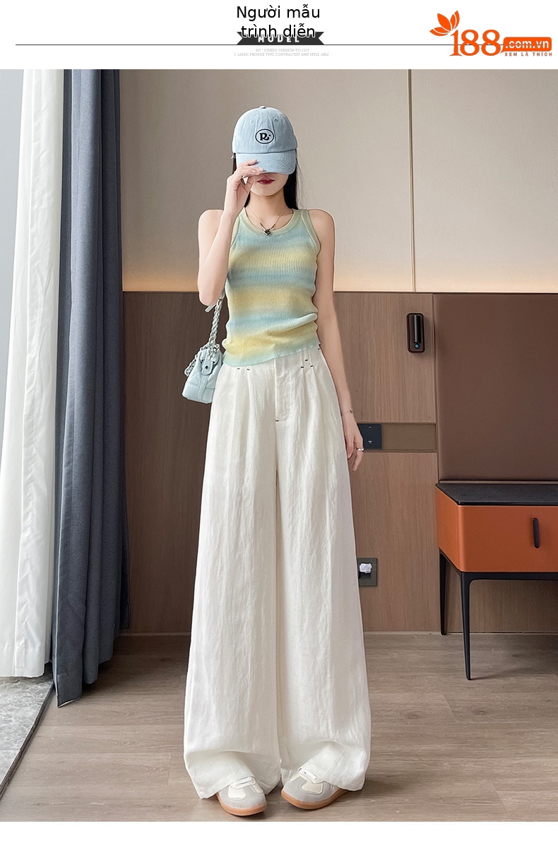 Quần ống rộng vải lụa băng đa năng nữ, phong cách sang trọng mỏng nhẹ mùa hè, quần ống đứng vải lanh Tencel — Màu xanh hải quân (kiểu thông thường) chi tiết 30