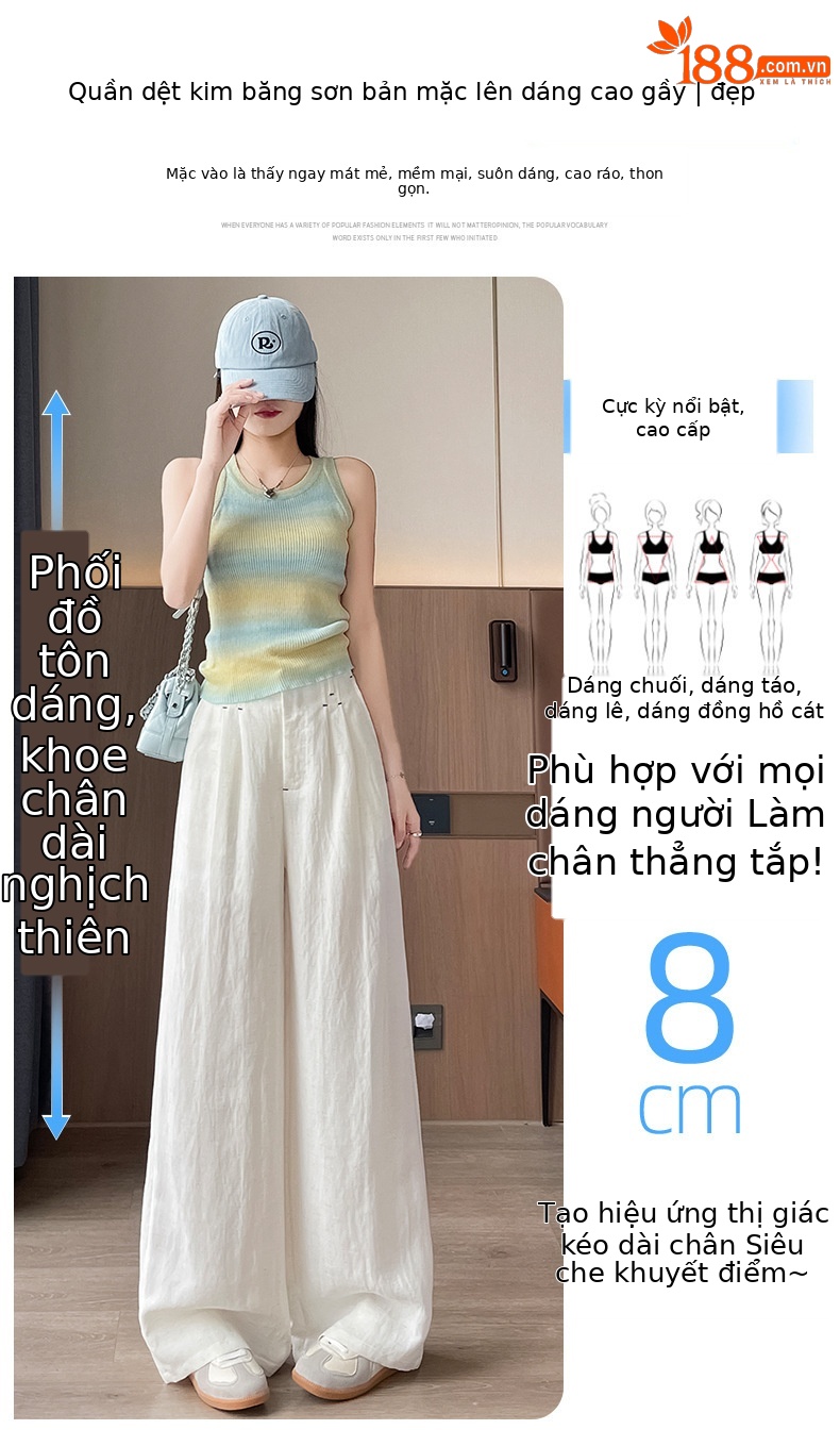 Quần ống rộng vải lụa băng đa năng nữ, phong cách sang trọng mỏng nhẹ mùa hè, quần ống đứng vải lanh Tencel — Màu xanh hải quân (kiểu thông thường) chi tiết 3