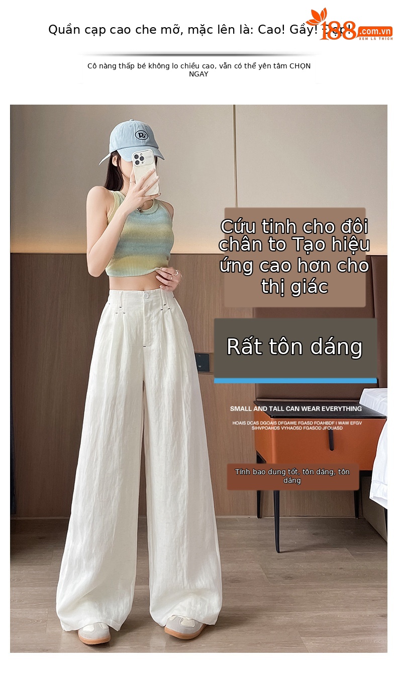 Quần ống rộng vải lụa băng đa năng nữ, phong cách sang trọng mỏng nhẹ mùa hè, quần ống đứng vải lanh Tencel — Màu xanh hải quân (kiểu thông thường) chi tiết 5