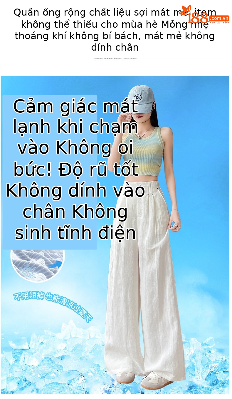 Quần ống rộng vải lụa băng đa năng nữ, phong cách sang trọng mỏng nhẹ mùa hè, quần ống đứng vải lanh Tencel — Màu xanh hải quân (kiểu thông thường) chi tiết 7