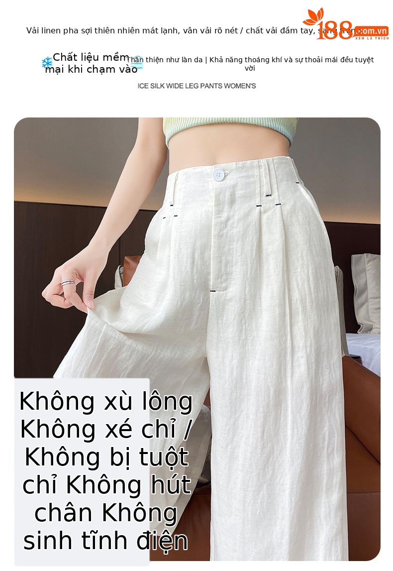 Quần ống rộng vải lụa băng đa năng nữ, phong cách sang trọng mỏng nhẹ mùa hè, quần ống đứng vải lanh Tencel — Màu xanh hải quân (kiểu thông thường) chi tiết 8