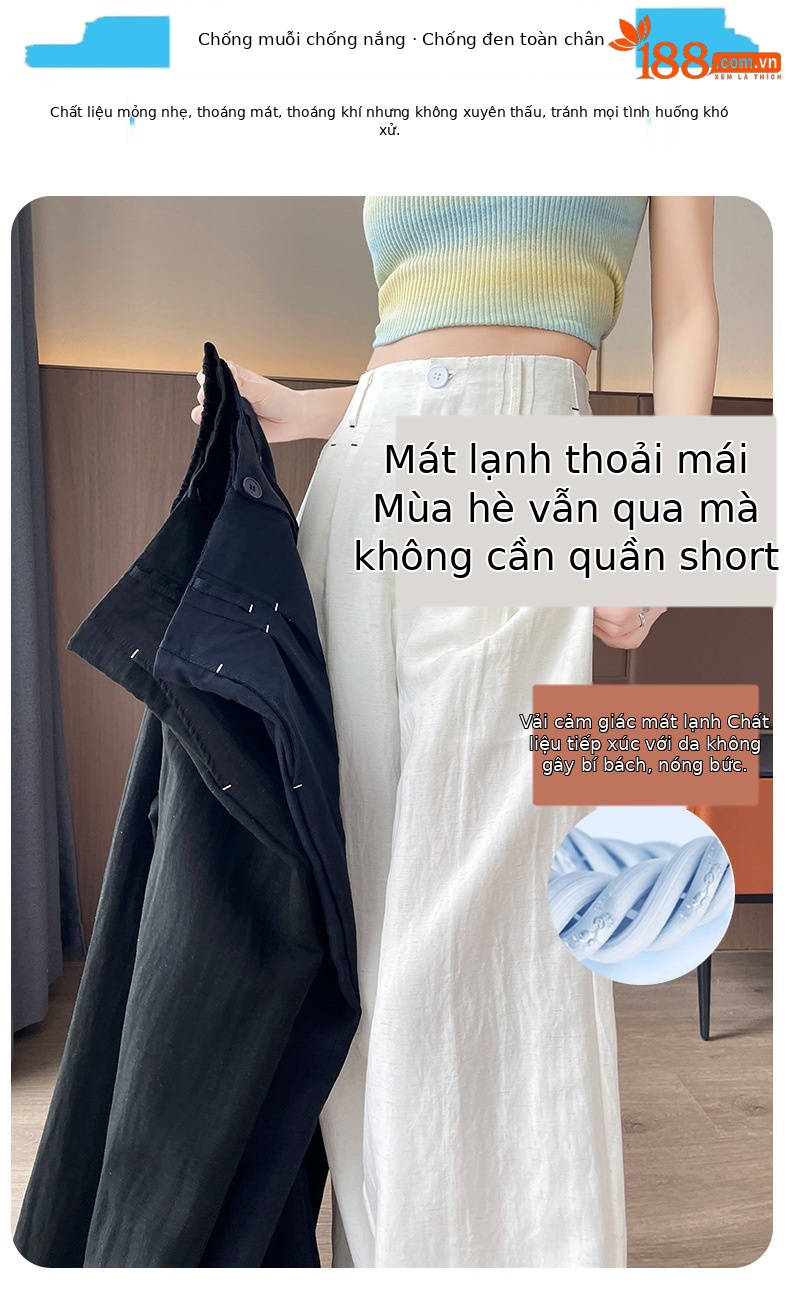 Quần ống rộng vải lụa băng đa năng nữ, phong cách sang trọng mỏng nhẹ mùa hè, quần ống đứng vải lanh Tencel — Màu xanh hải quân (kiểu thông thường) chi tiết 17