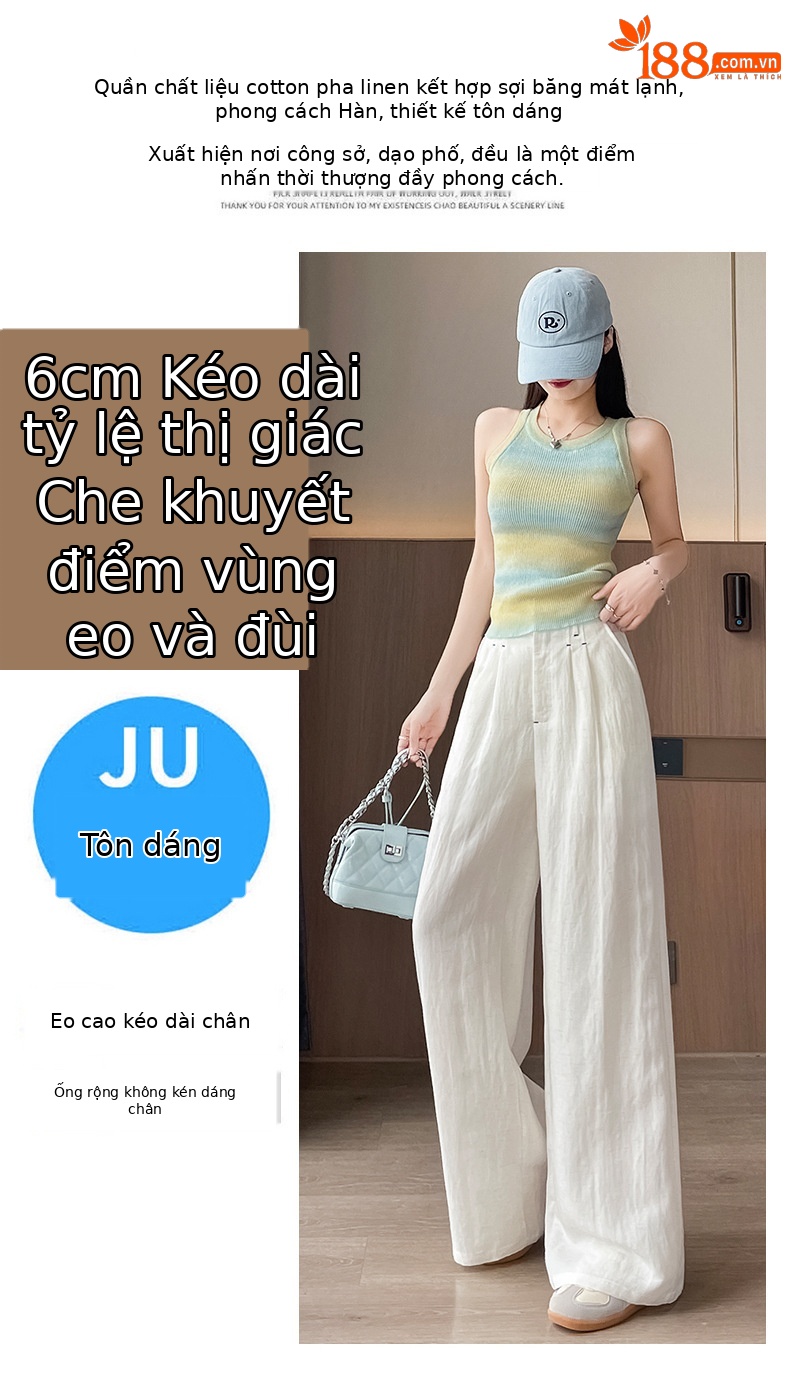 Quần ống rộng vải lụa băng đa năng nữ, phong cách sang trọng mỏng nhẹ mùa hè, quần ống đứng vải lanh Tencel — Màu xanh hải quân (kiểu thông thường) chi tiết 18