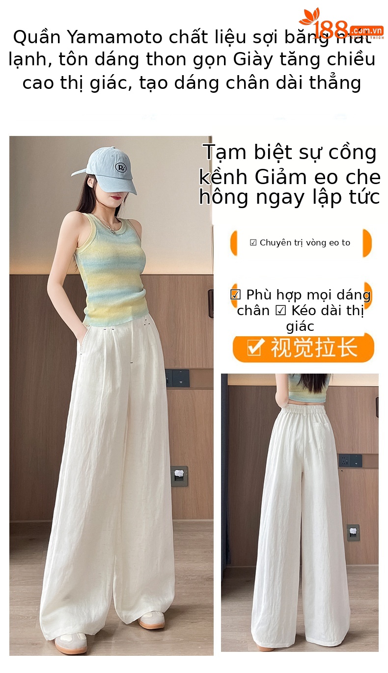 Quần ống rộng vải lụa băng đa năng nữ, phong cách sang trọng mỏng nhẹ mùa hè, quần ống đứng vải lanh Tencel — Màu xanh hải quân (kiểu thông thường) chi tiết 20