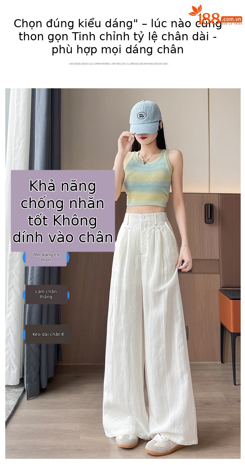 Quần ống rộng vải lụa băng đa năng nữ, phong cách sang trọng mỏng nhẹ mùa hè, quần ống đứng vải lanh Tencel — Màu xanh hải quân (kiểu thông thường) chi tiết 22