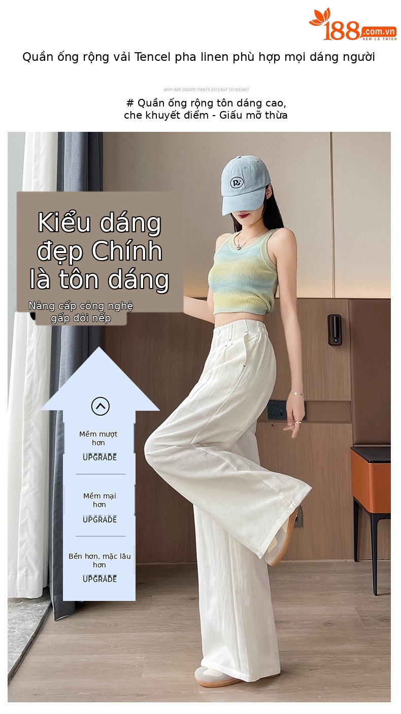 Quần ống rộng vải lụa băng đa năng nữ, phong cách sang trọng mỏng nhẹ mùa hè, quần ống đứng vải lanh Tencel — Màu xanh hải quân (kiểu thông thường) chi tiết 26