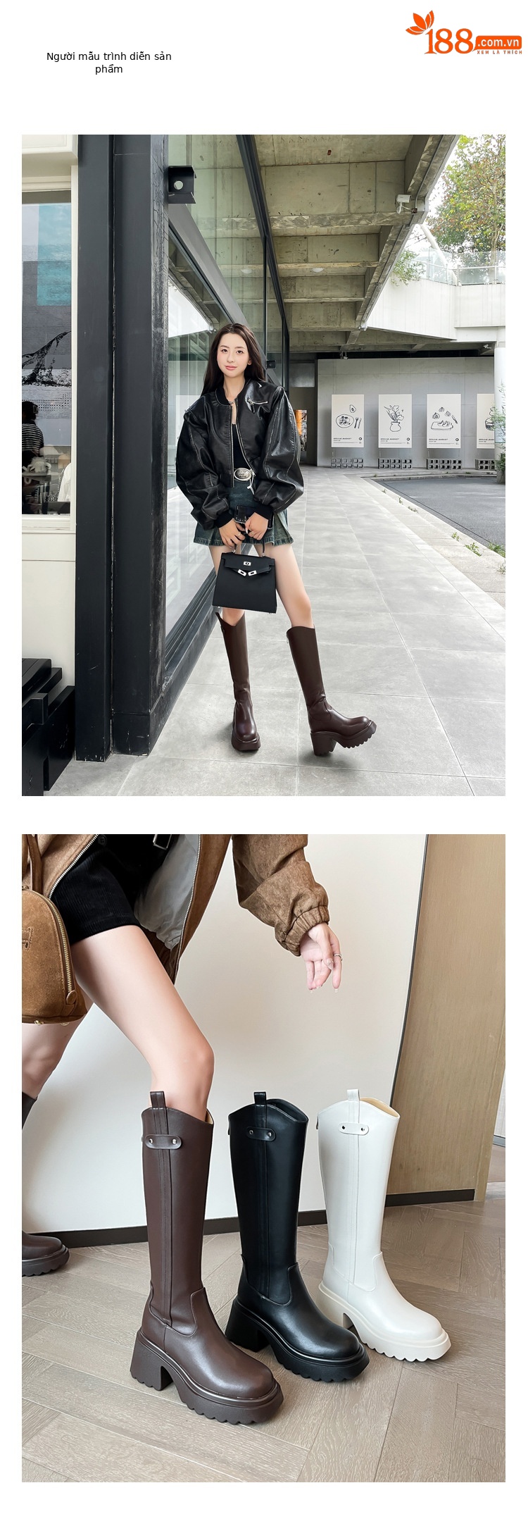 Boot nữ cổ cao ôm bắp chân đế dày gót thấp da thật mùa thu đông — Lớp lót nhung ống lớn màu nâu, Màu nâu cộng với lớp lót đơn lớn, Màu nâu cộng với lớp lót nhung lớn, Lớp lót nhung ống lớn màu đen chi tiết 2