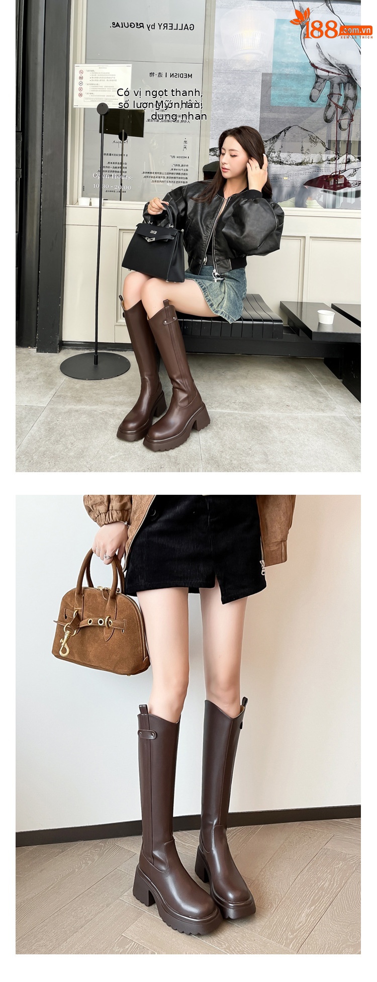 Boot nữ cổ cao ôm bắp chân đế dày gót thấp da thật mùa thu đông — Lớp lót nhung ống lớn màu nâu, Màu nâu cộng với lớp lót đơn lớn, Màu nâu cộng với lớp lót nhung lớn, Lớp lót nhung ống lớn màu đen chi tiết 4