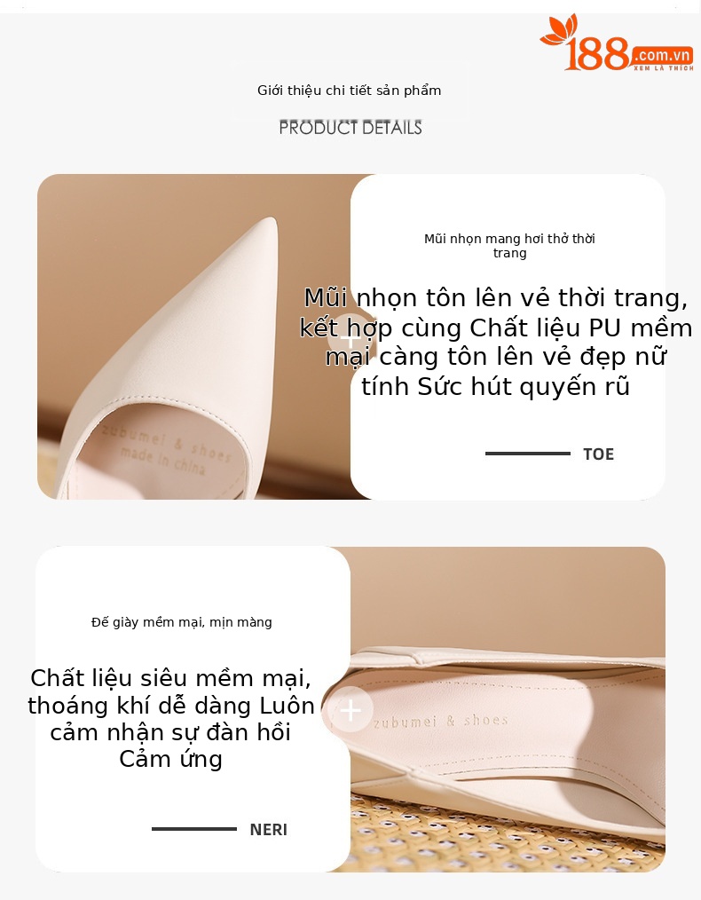Giày cao gót mũi nhọn gót nhọn màu trơn phong cách Pháp cho nữ đi làm — Trắng be 5cm chi tiết 2