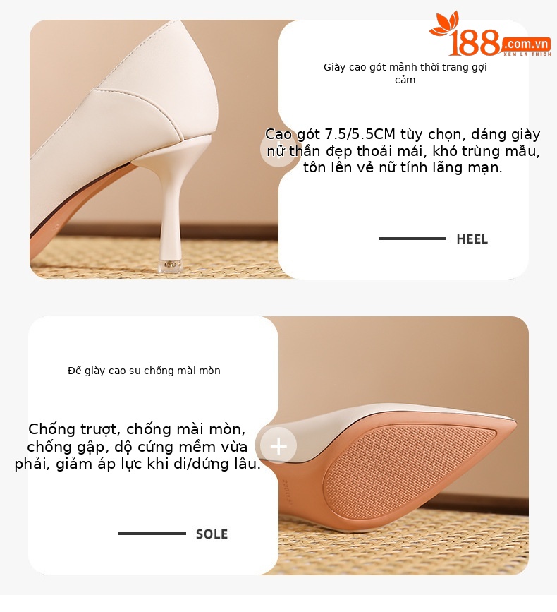 Giày cao gót mũi nhọn gót nhọn màu trơn phong cách Pháp cho nữ đi làm — Trắng be 5cm chi tiết 3