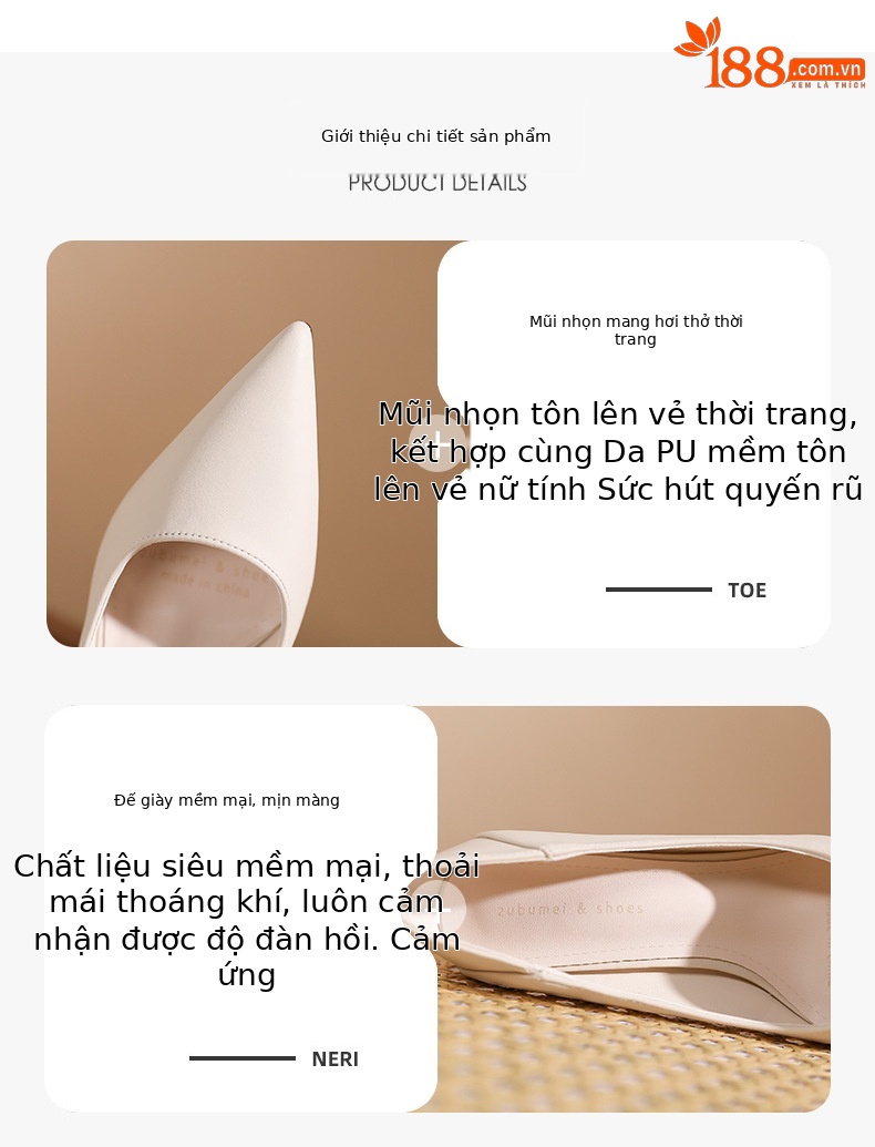 Giày cao gót nữ mũi nhọn cổ điển, gót vuông ổn định, kiểu dáng hai cách mang — màu be chi tiết 1