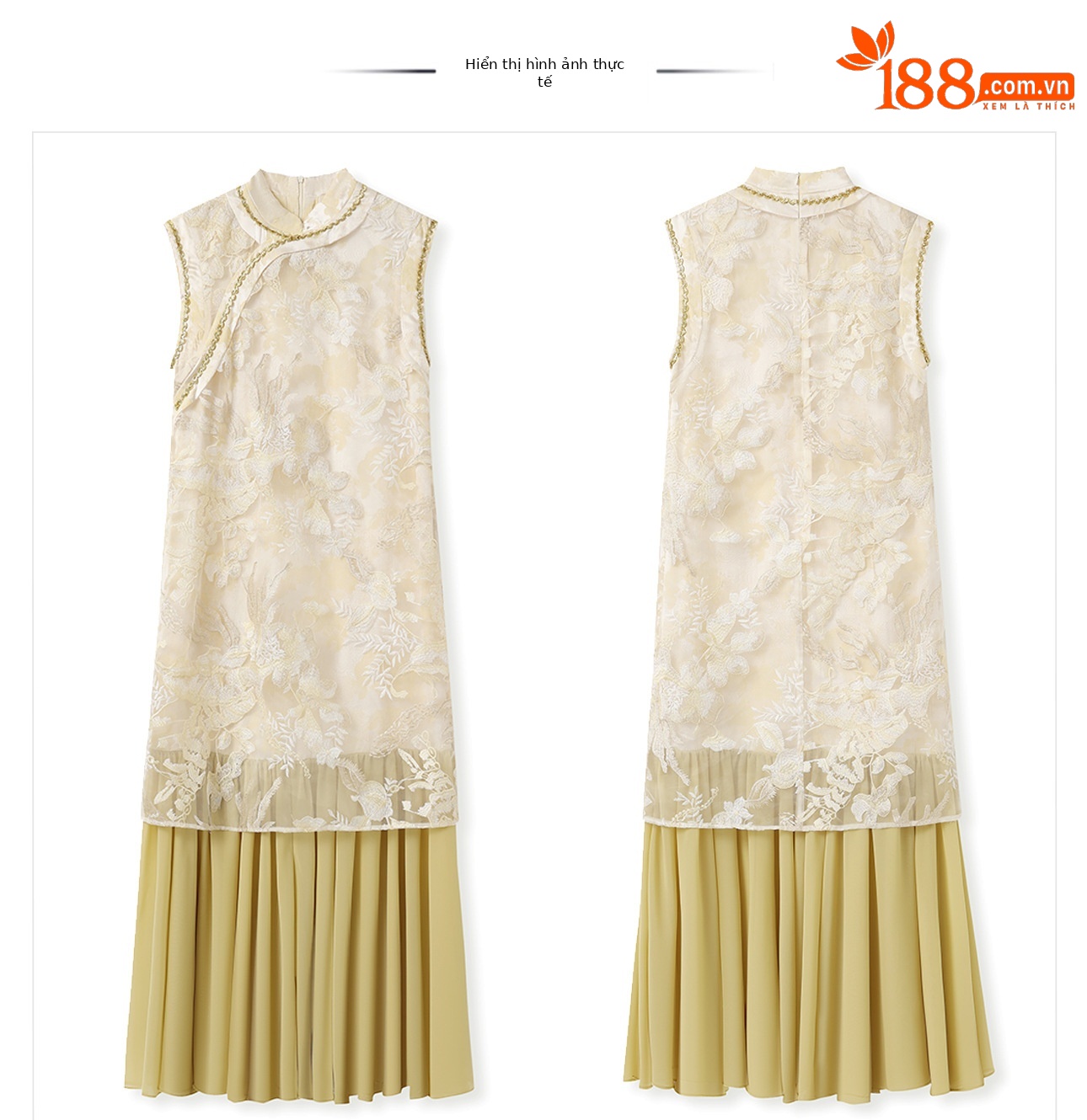 Đầm sườn xám cổ đứng tay lỡ in họa tiết đính cườm cao cấp phong cách Tân Trung Hoa — màu vàng, màu tím chi tiết 18
