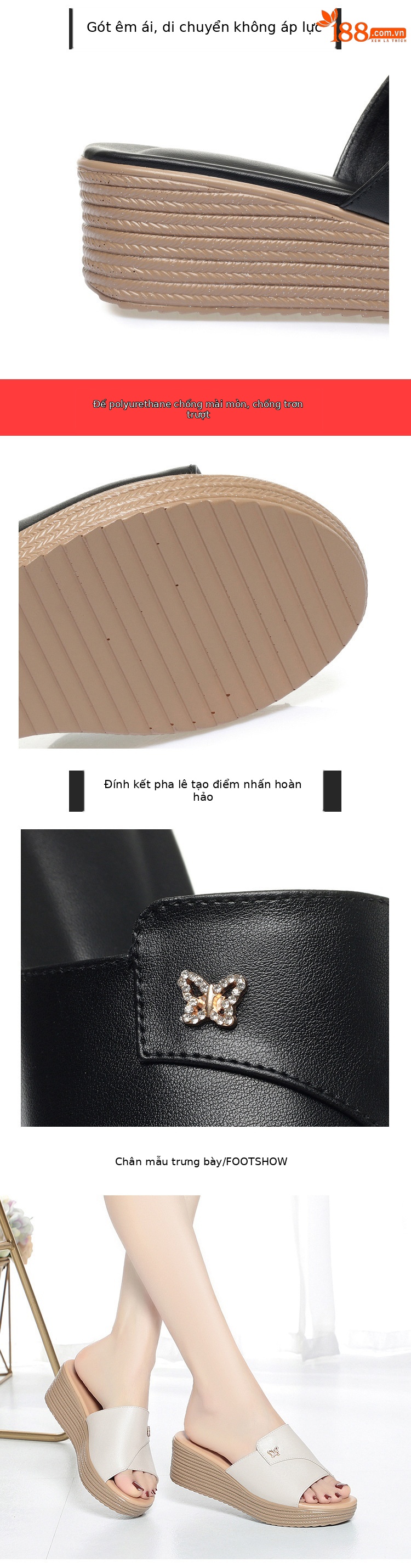 Dép sandal nữ quai chữ V đế xuồng cao 5 cm, da thật mềm mại — màu đen chi tiết 2