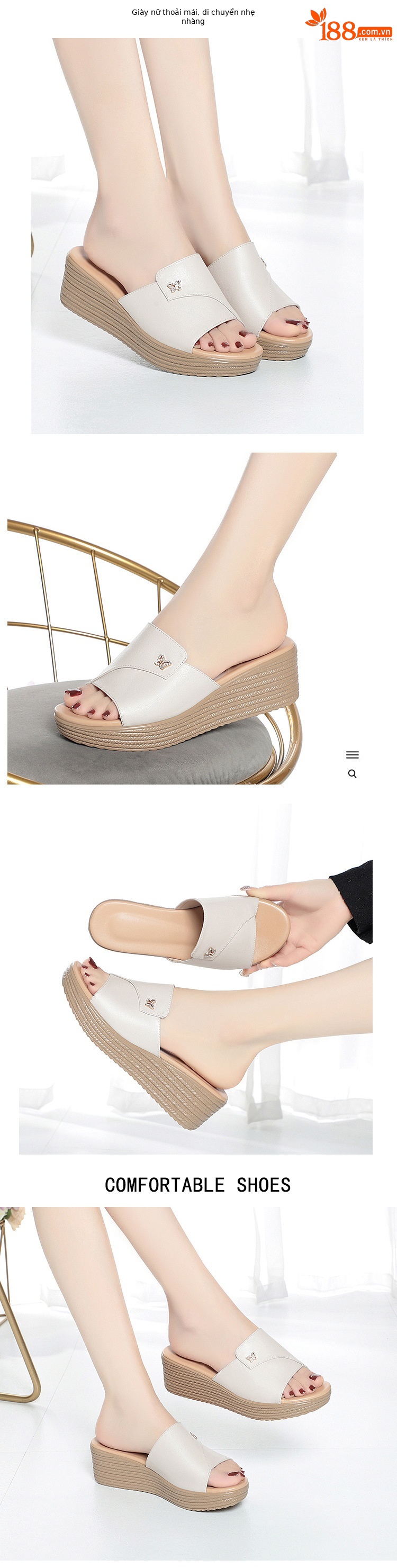 Dép sandal nữ quai chữ V đế xuồng cao 5 cm, da thật mềm mại — màu đen chi tiết 3