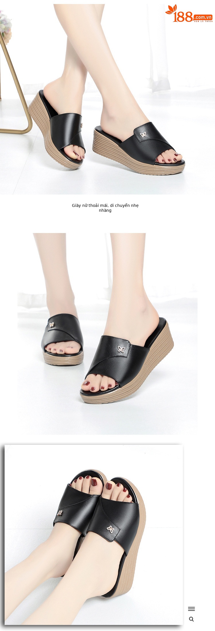 Dép sandal nữ quai chữ V đế xuồng cao 5 cm, da thật mềm mại — màu đen chi tiết 4