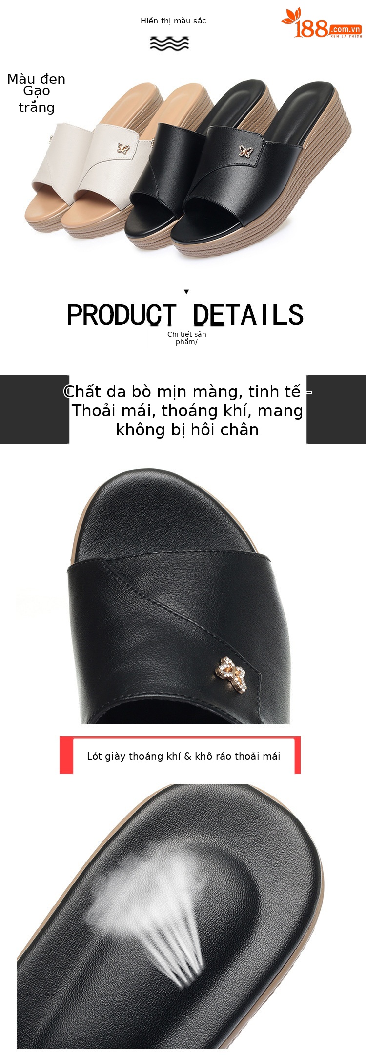Dép sandal nữ quai chữ V đế xuồng cao 5 cm, da thật mềm mại — màu đen chi tiết 1