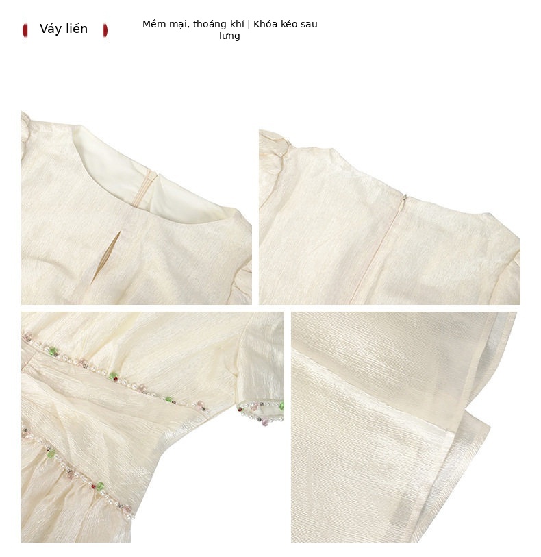 Đầm maxi nữ cổ tròn tay bồng phong cách Pháp — [Màu hồng đào] chi tiết 4